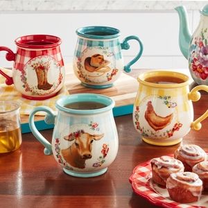 🌺 New Pioneer Woman Novelty Farm Animals Gingham Mugs, Set of 4